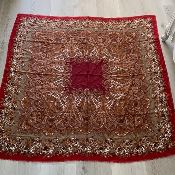 Wool blanket scarf wrap floral maroon red brown made in Italy art to wear - Picture 1 of 8